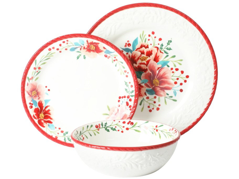 red and white floral print plates and bowl