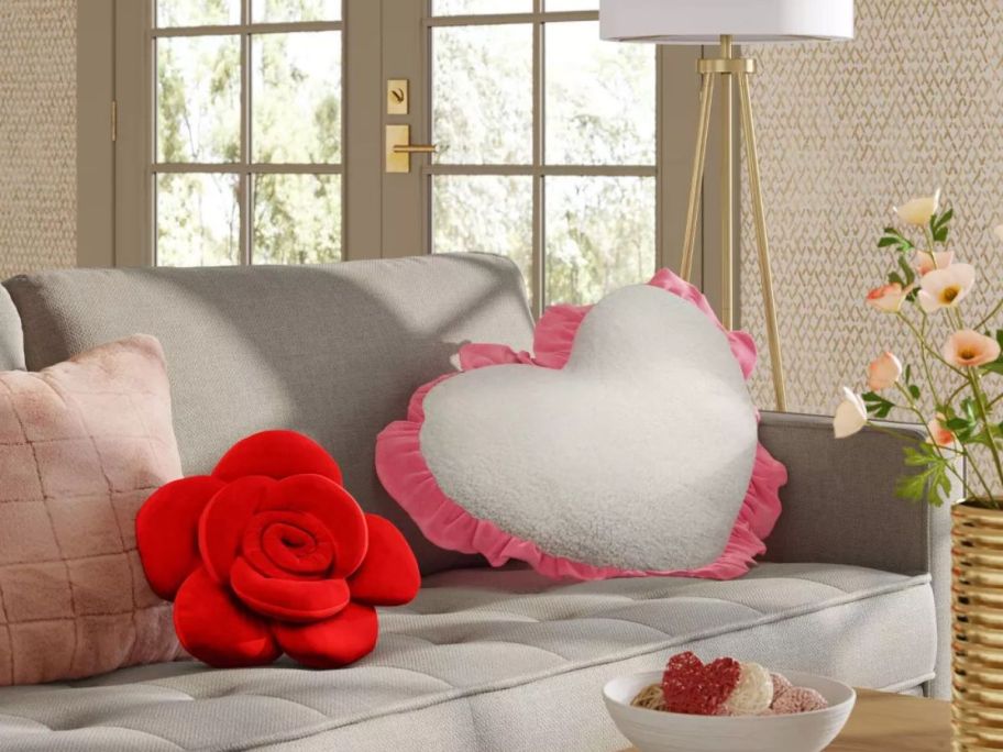 threshold rose and heart pillows on couch