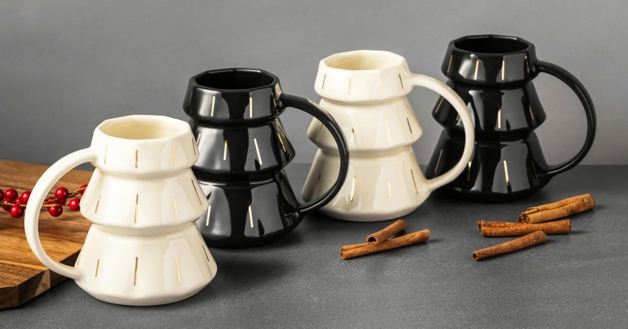 set of 4 white and black tree shaped coffee mugs