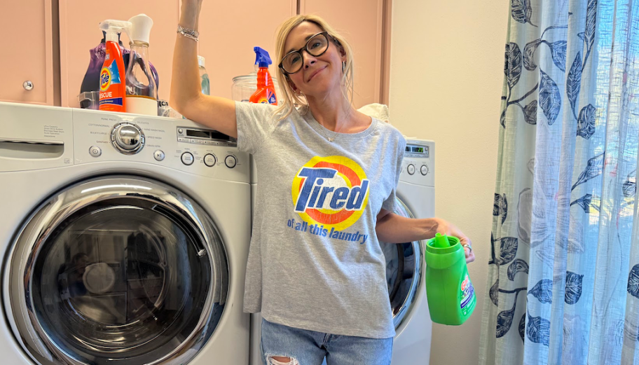 woman wearing tired of all this laundry shirt