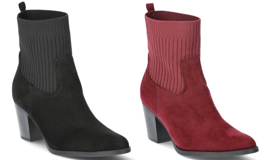 black and maroon ankle boots