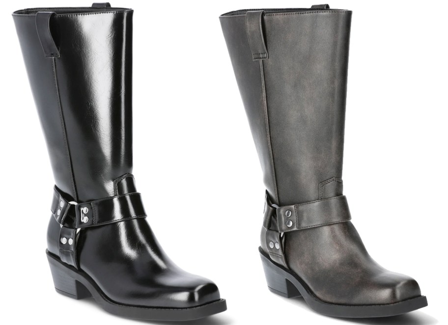 black and grey faux leather boots