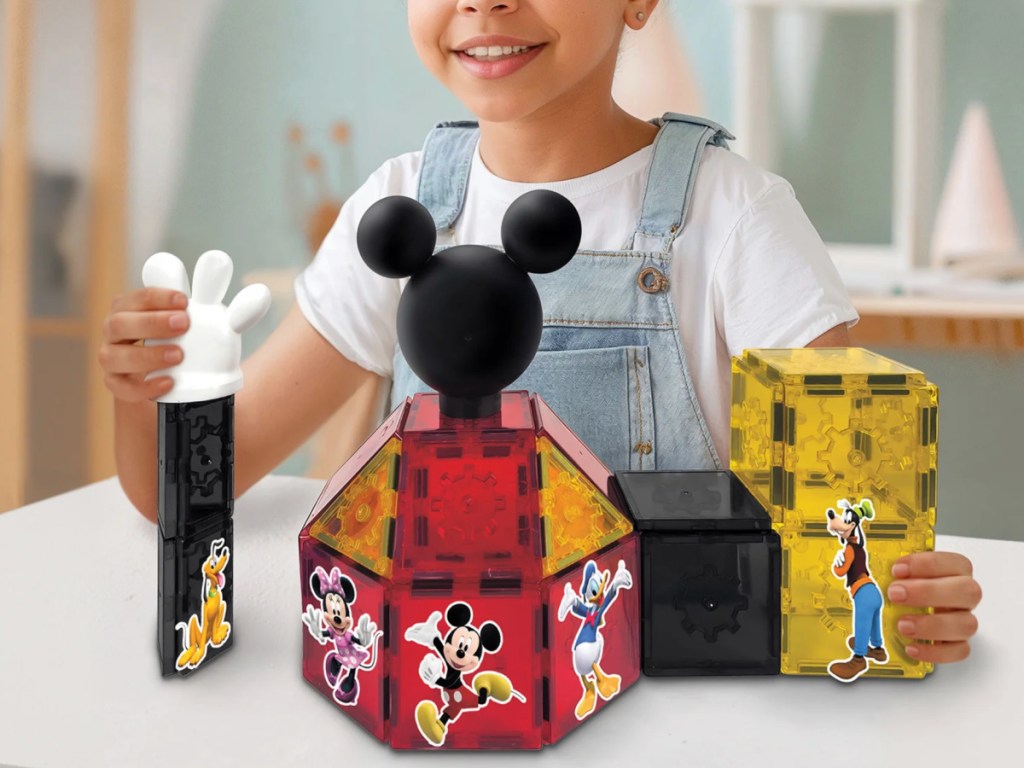 little girl playing with Tytan Tiles Disney Mickey Mouse Clubhouse Magnetic Tile Building Set