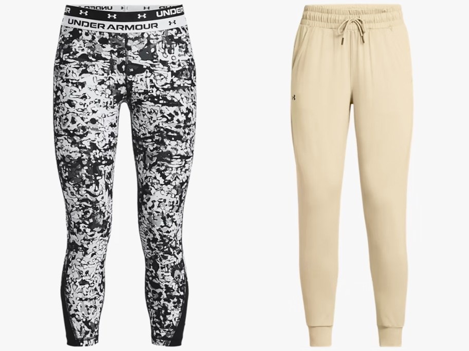 black/white leggings and tan joggers