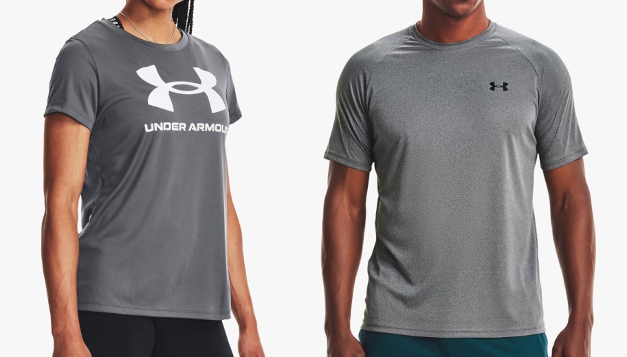 women and man in grey under armour shirts