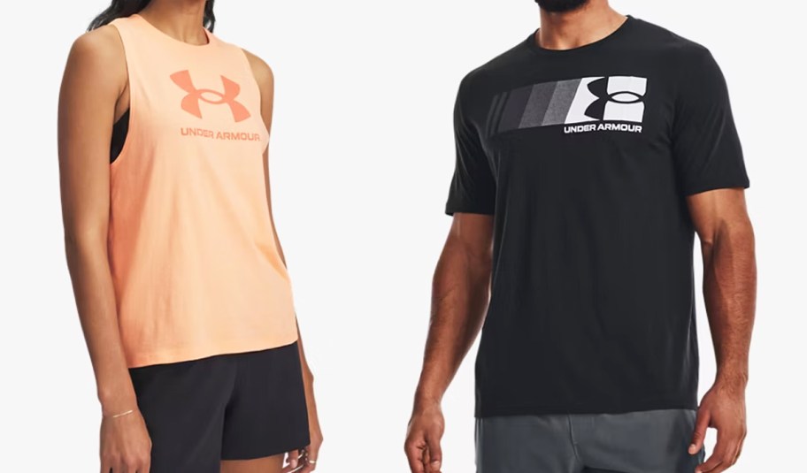 woman in orange tank top and man in black t-shirt