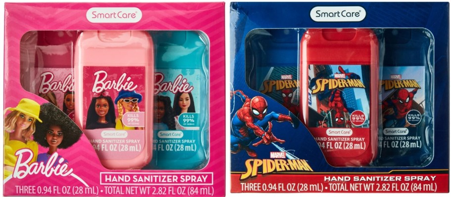 3 packs of Kids Hand Sanitizer - one set with Barbie and one set with Spiderman