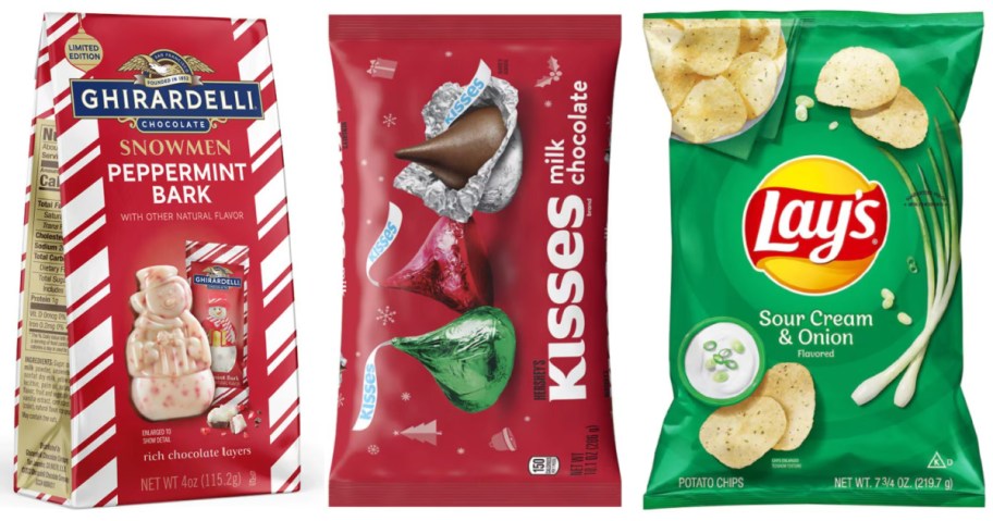 two chocolate candy bags and potato chips