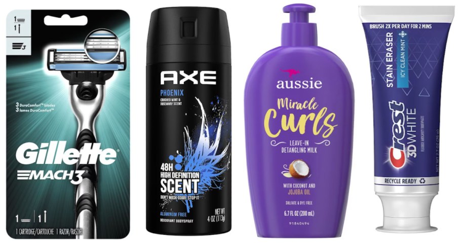 razor, body spray, curl cream and toothpaste