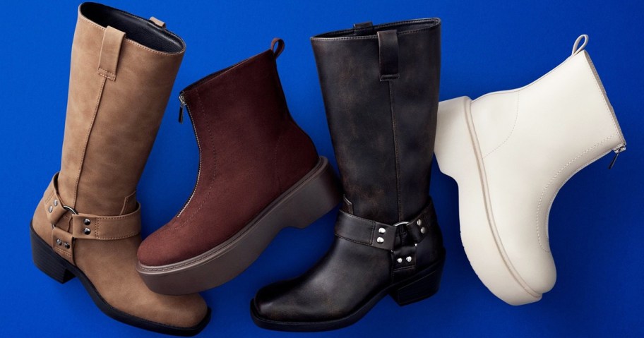 multiple women's boots displayed on a blue background