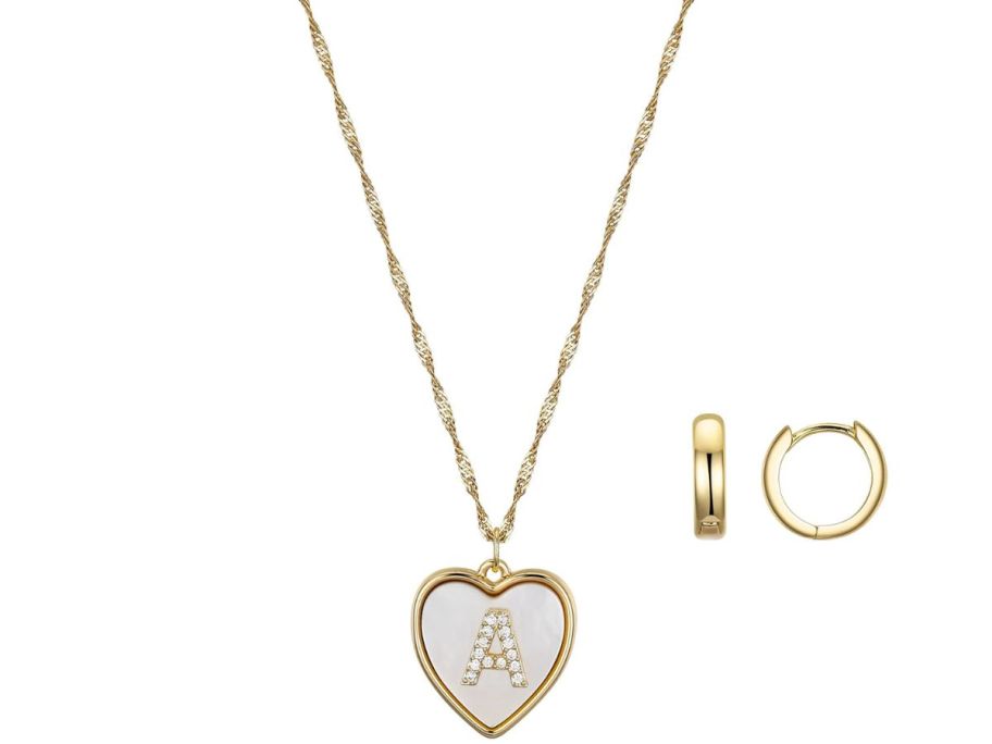 Believe by Brilliance 4Kt Gold Flash Heart Initial Necklace & Earrings Set