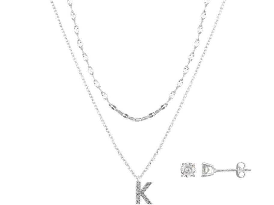 Believe by Brilliance Silver Plated CZ Initial Necklace & Earrings Set