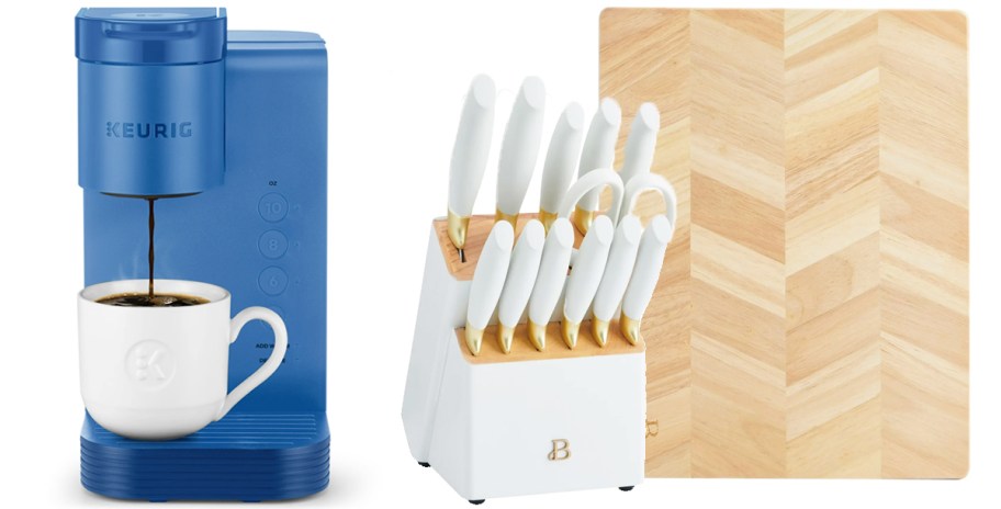 blue keurig and white knife set