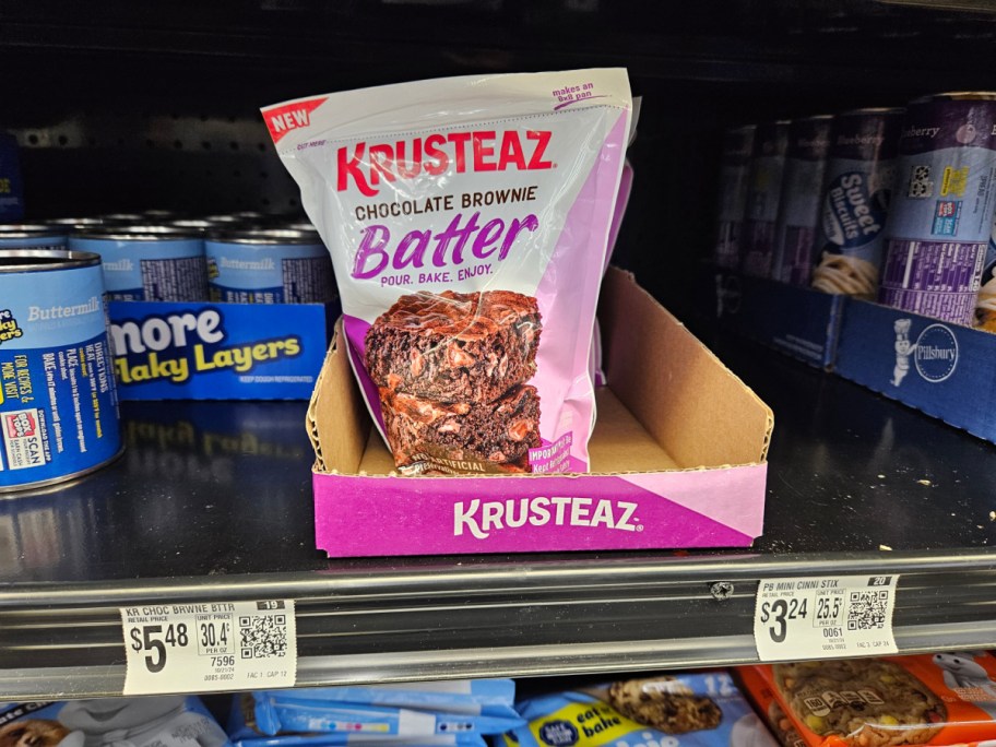 Krusteaz Brownie Batter on a shelf at Walmart