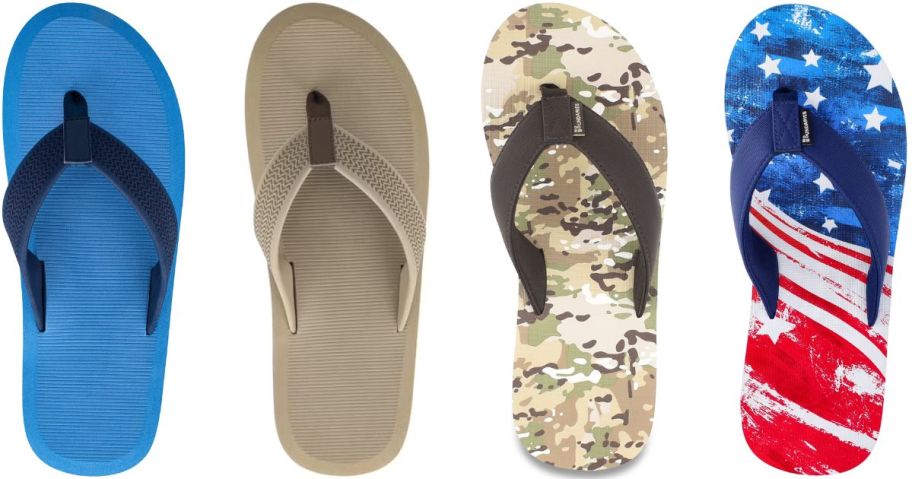 Stock images of four right foot Men's No Boundaries flip Flops