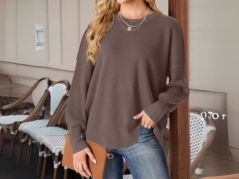 woman wearing Women's Crewneck Batwing Long Sleeve Sweater