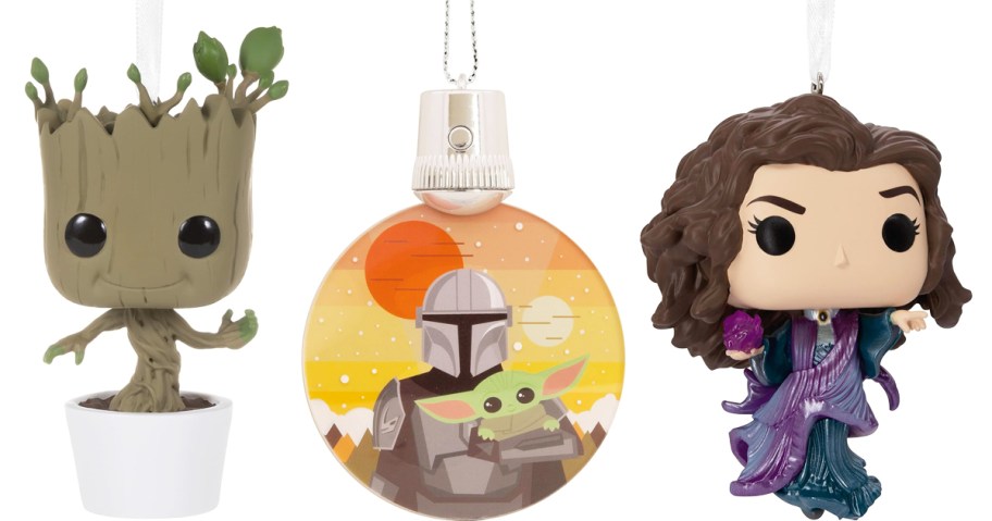 groot, mandalorian, and agatha harkness christmas ornaments