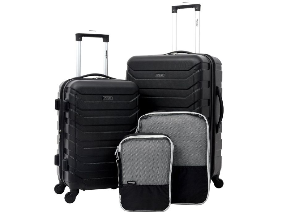 Stock image of a 4 piece wrangler luggage set with two rolling suitcases and two packing cubes