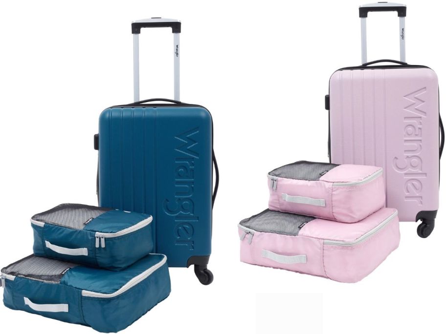 Stock images of two 3-piece Wrangler luggage sets in blue and pink