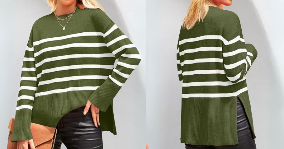 woman wearing ZESICA Women's Striped Crew Neck Side Slit Sweater