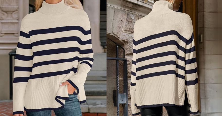 woman wearing ZESICA Women's Striped Turtleneck Sweater