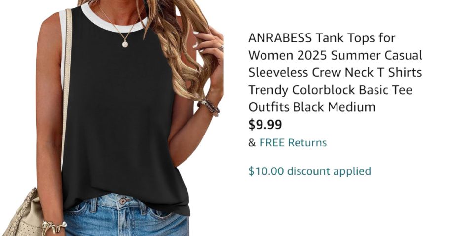 woman wearing black tank top next to Amazon pricing information