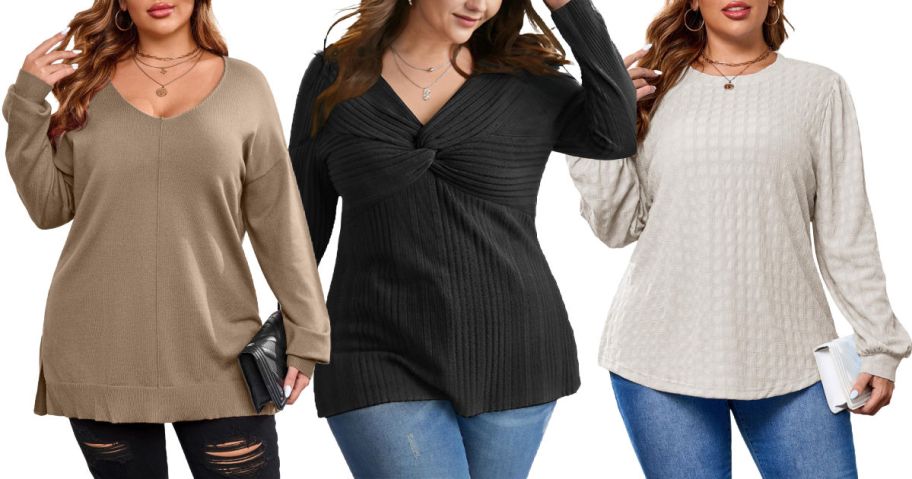 3 women modeling plus size tops