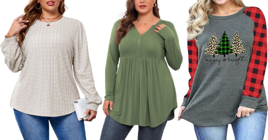 3 women modeling shirts in front of a white background