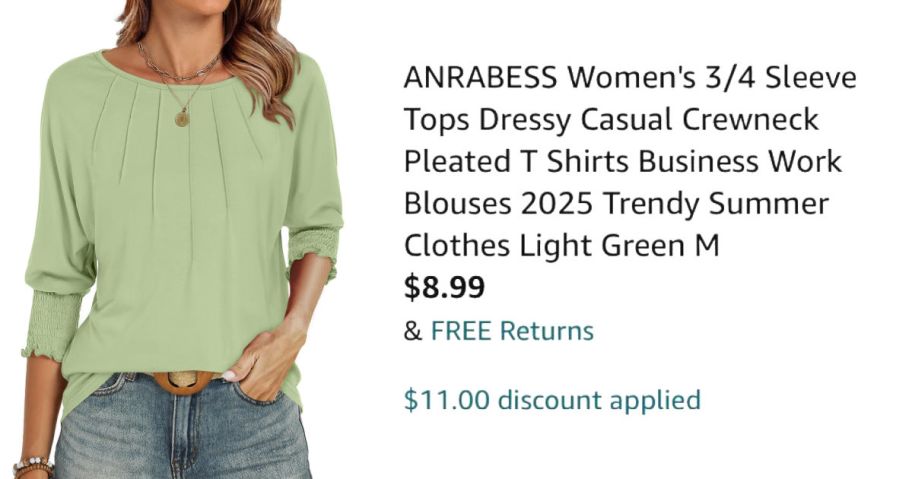 woman wearing green shirt next to Amazon pricing information