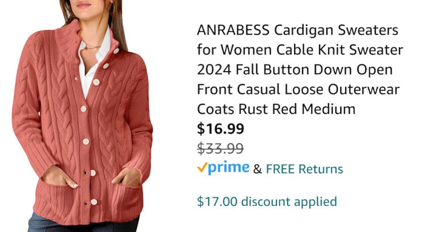 woman wearing a coral colored cardigan next to Amazon pricing information