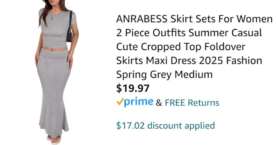 woman wearing gray skirt set next to Amazon pricing information