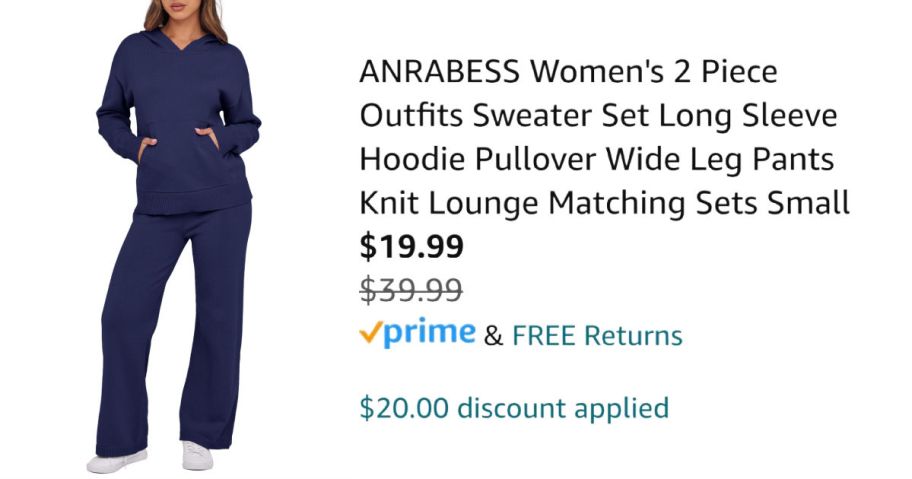 woman wearing navy sweater set next to Amazon pricing information