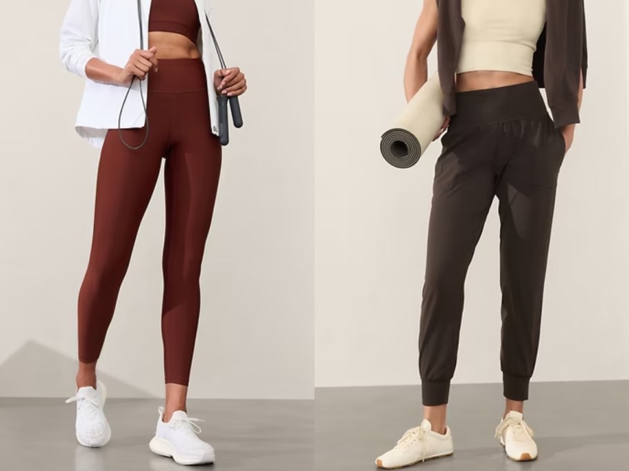 woman wearing cranberry / wine red leggings and woman wearing brown high rise jogger pants