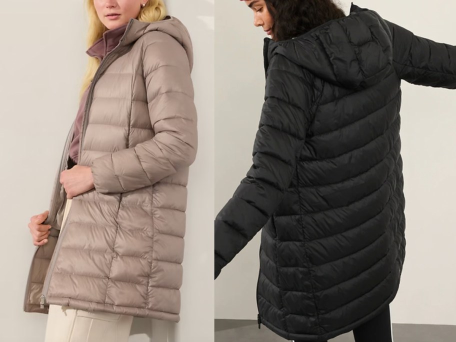 front and back tan and black puffer parkas