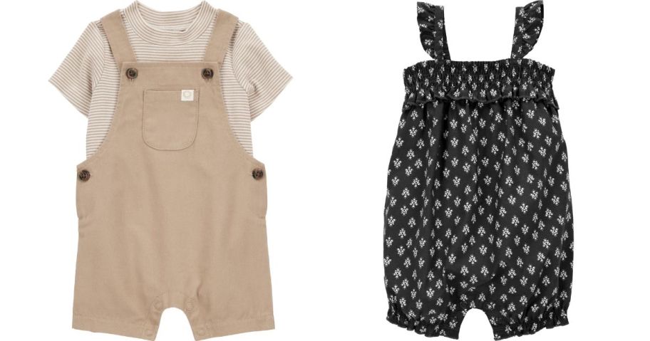 beige baby overalls and a black print baby romper
