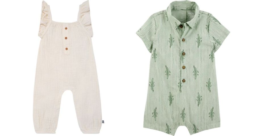 a beige and a green baby romper