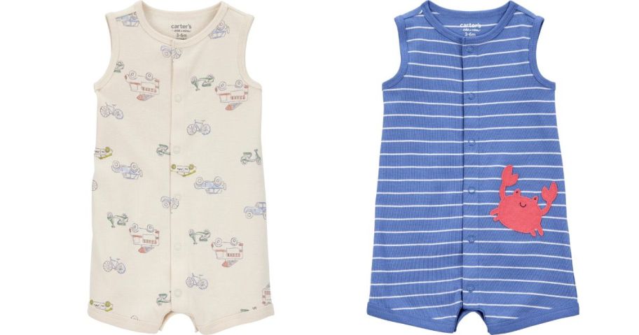 a cream colored and a blue striped baby romper