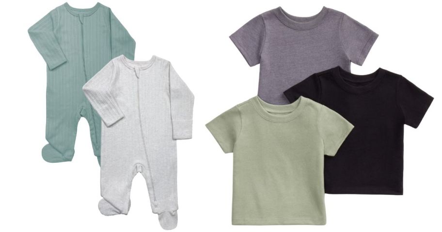 a white and green sleep set and a three pack of baby shirts in grey, black, and green