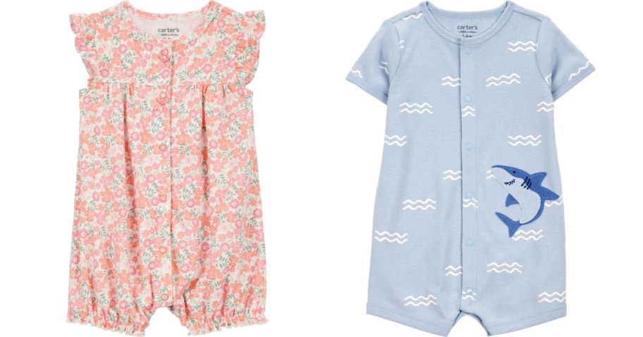 a pink and a blue baby romper