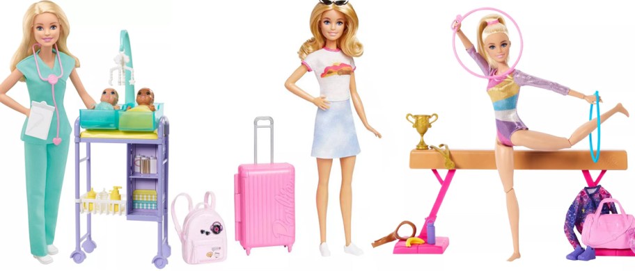 doctor, travel and gymnastics barbies with accessories