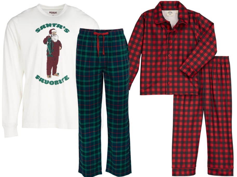 Christmas pajama top and plaid flannel pants, and red and black buffalo plaid pajamas set