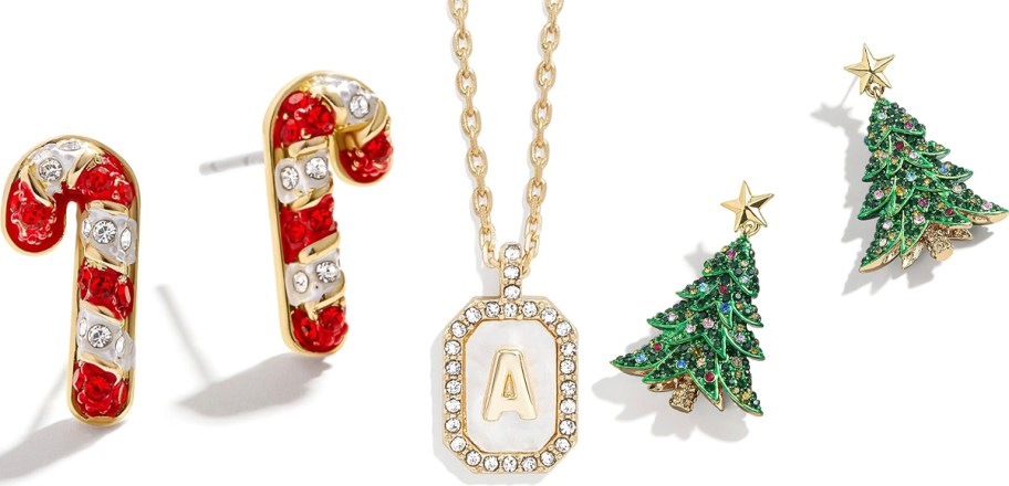 candy cane, initial necklace and christmas tree earrings 