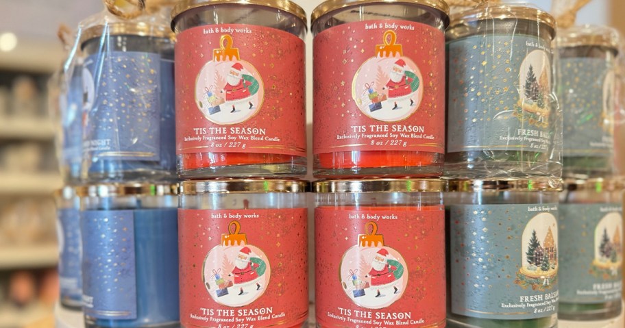 bath and body works christmas candles on display in store