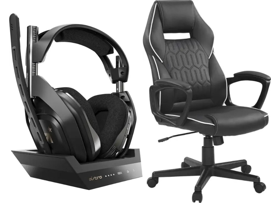 black astro headset and insignia gaming chair stock images 