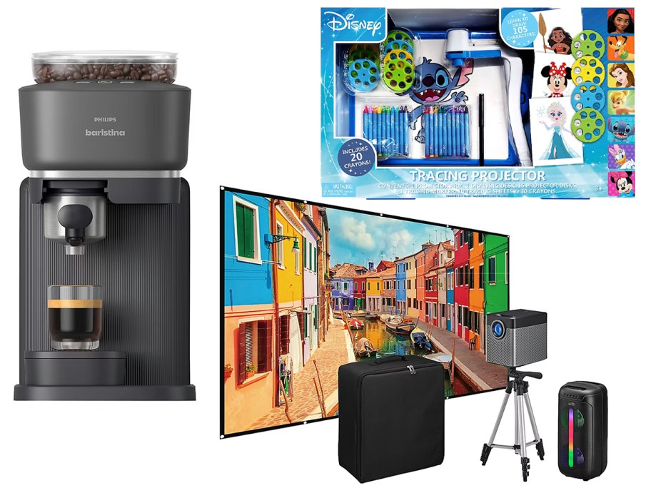 philips espresso machine, stitch toy, and pop up movie kit 