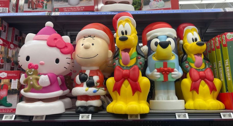 five different character blow molds displayed at the store