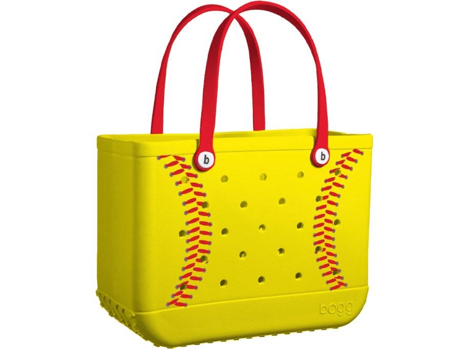 yellow and red baseball themed bogg bag 