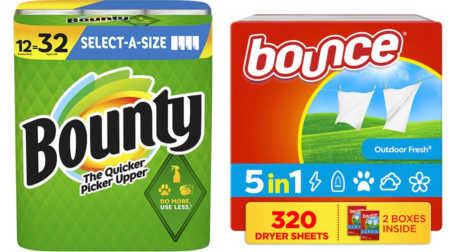 bounty paper towels and bounce dryer sheets box