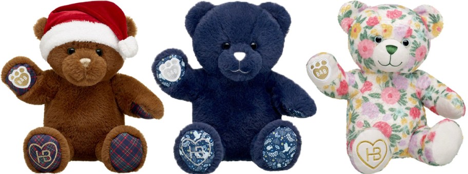 brown, blue, and floral teddy bears 