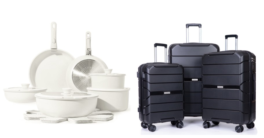 white cookware set and black luggage set